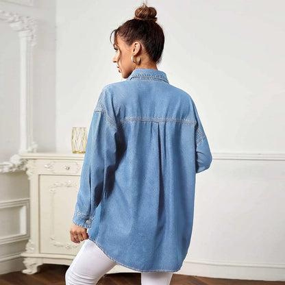 Loose Casual Long Sleeves Simple Pocket Lapel Long Denim Shirt Wholesale Women'S Top