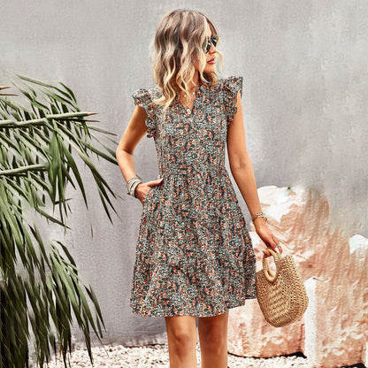 Fashion Floral Print V Neck Frill Sleeve Dress Wholesale Dresses