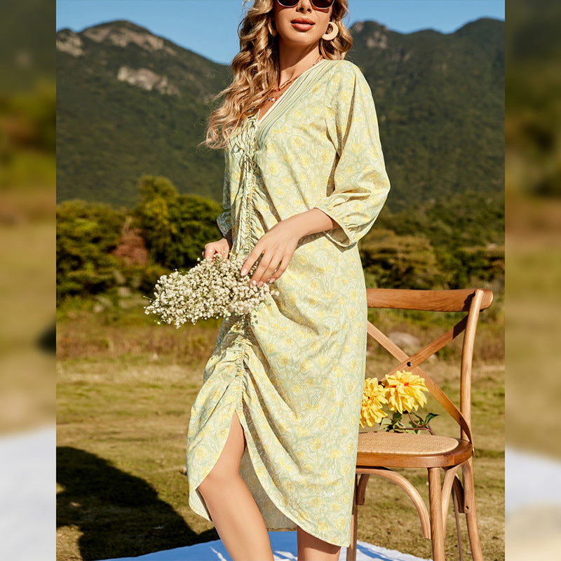 Sexy V-Neck Floral Print Midi Dresses Pleated Vacation Mid-Sleeve Bohemian Dress For Women