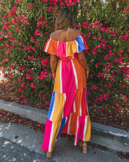 Off Shoulder Color Block Ruffle Hem Wholesale Maxi Dresses