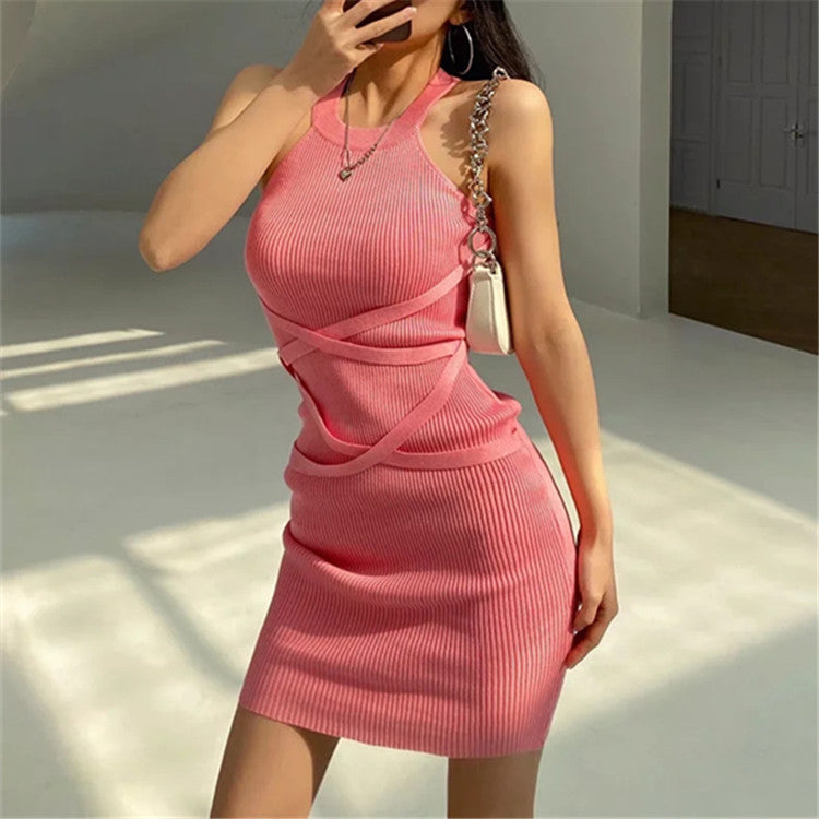 Plain Color Halterneck Sleeveless Knit Wholesale Bodycon Dresses