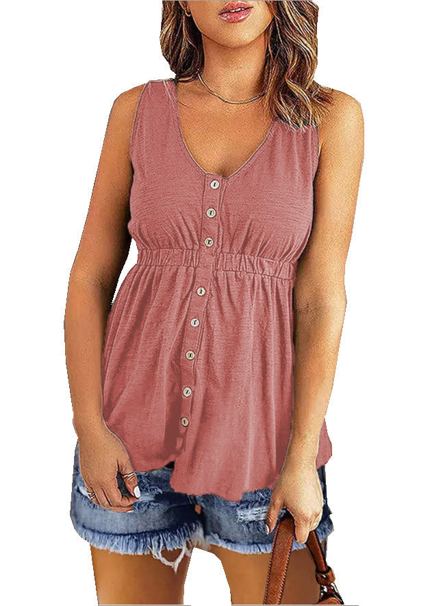 Plain Color Sleeveless V Neck Button Down Wholesale Flowy Tank Tops for Summer