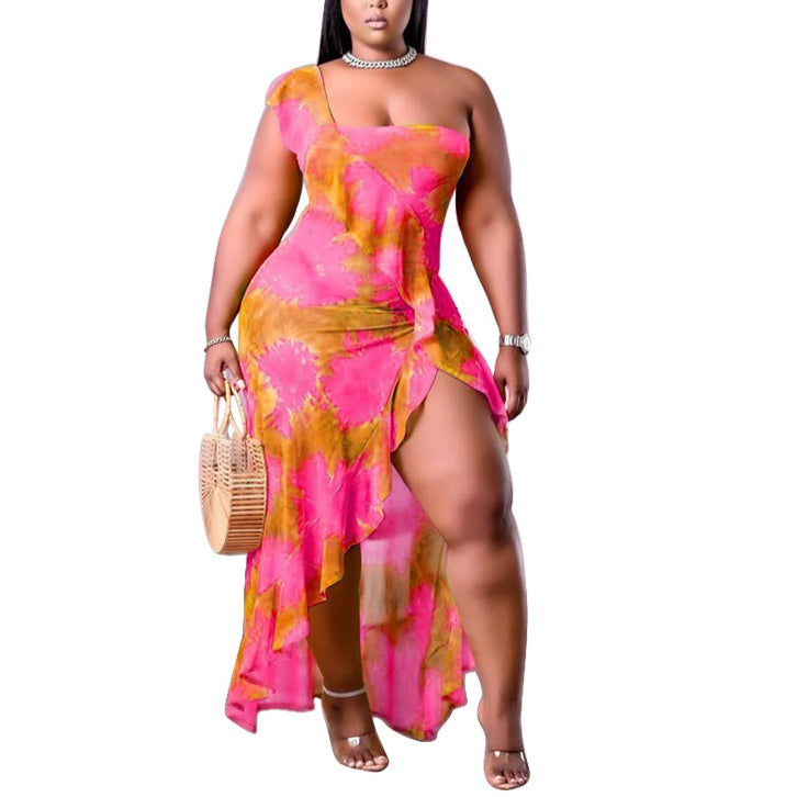 One Shoulder Printed Ruffle Curvy Maxi Dresses Wholesale Plus Size Clothing