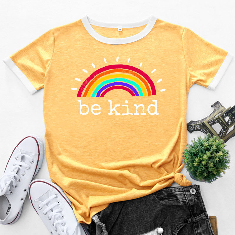 Rainbow & Letter Print Crew Neck Short Sleeve Tops Casual Wholesale Women'S T Shirts