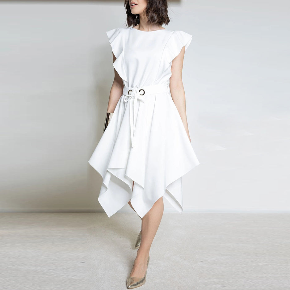 Fashion Square Neck Ruffle Sleeve Dress Irregular Solid Color Wholesale Dresses With Belt