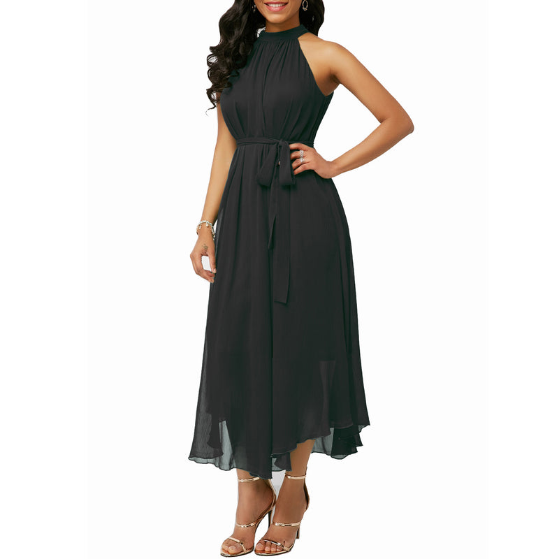Solid Color Halterneck Lace-Up Off Shoulder Pleated Chiffon Business Casual Dress Elegant Wholesale Dresses SD531415