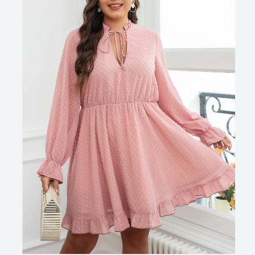 Jacquard Swiss Dot Long Sleeve V Neck Lace Up Wholesale Plus Size Dresses