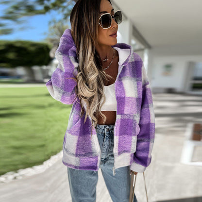 New Fall Women Plaid Zip Hoodie