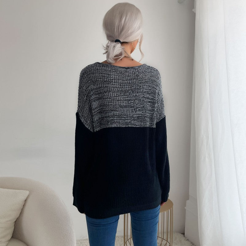 Loose Long Sleeve Contrasting Color Bottom Pullover Sweater Wholesale Women Top