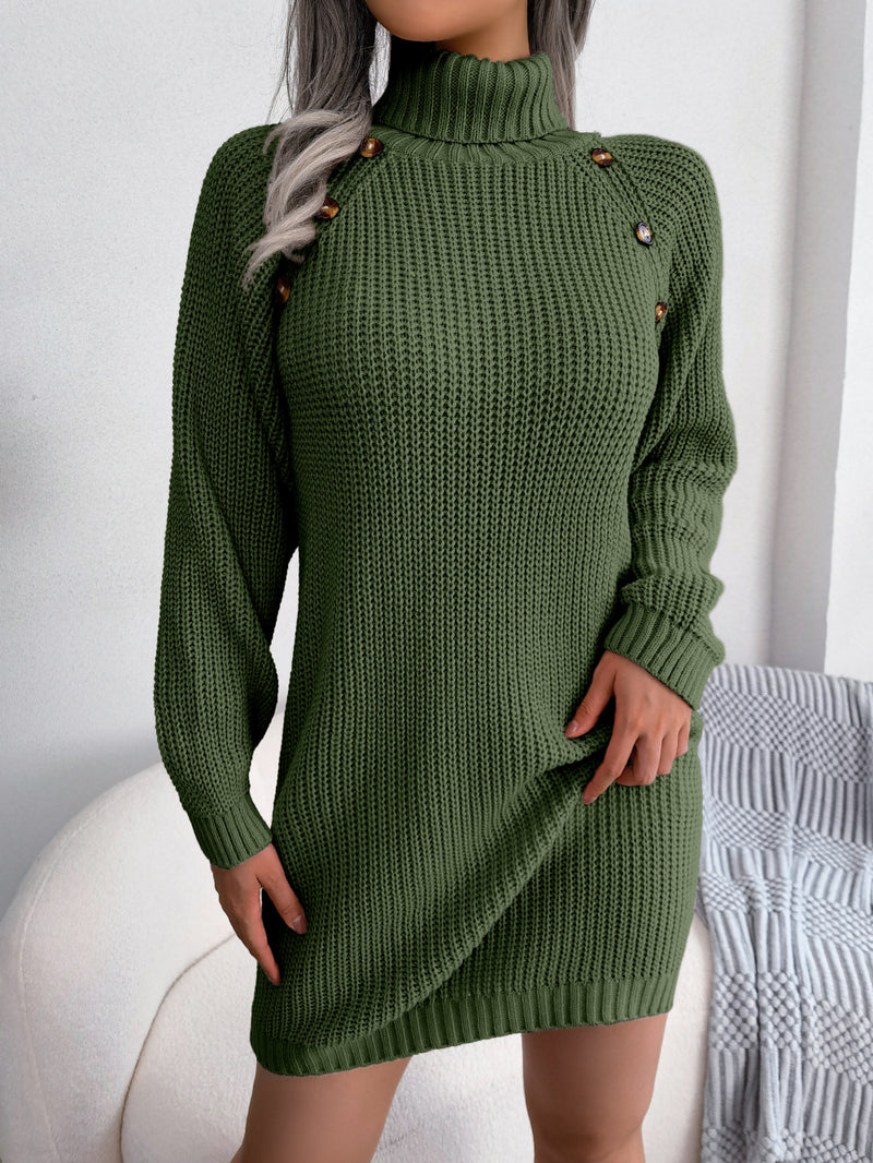 Simple Casual Button High Neck Long Sleeve Bottom Sweater Dress Wholesale Dresses