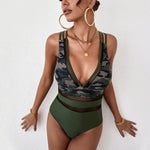 Sexy Deep-V Back Crossover Camo Print Sexy Mesh  One-Piece Swimsuits Wholesale Womens Swimwear