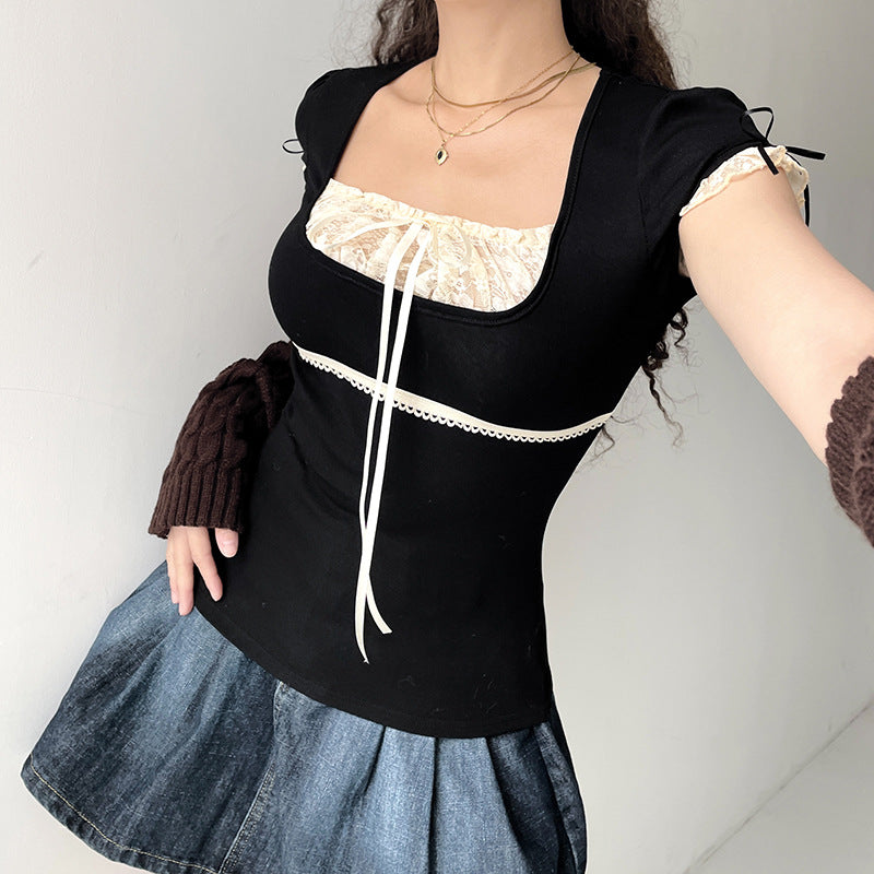 Stitching Lace Square Tieback Bowknot Wholesale T Shirts Casual Womens Tops