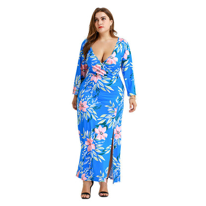 Plus Size Floral Slit Belt Up Maxi Dress