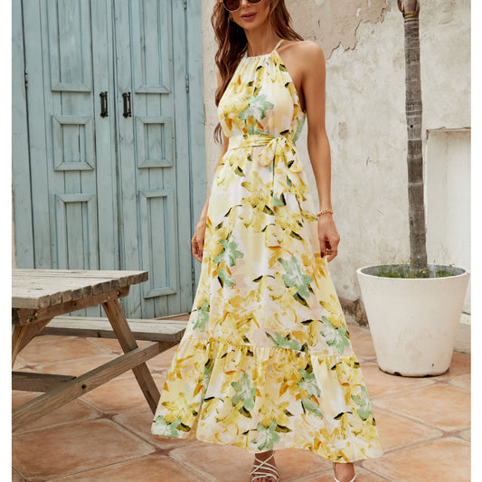 Halter Neck Off Shoulder Belt Print Swing Maxi Dress Wholesale Dresses