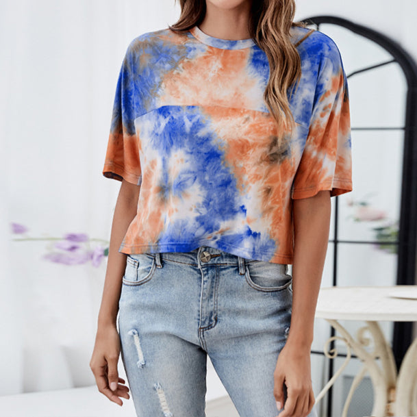 Women Fashion Tie Dye Casual Loose Half Sleeve Wholesale T-shirts Tops Summer