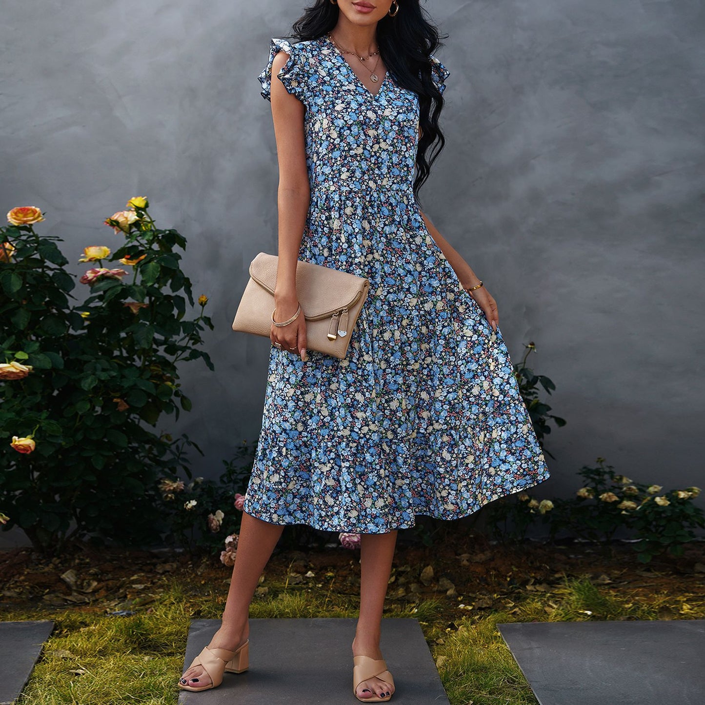 Floral Print V-Neck Frill Sleeve Midi Swing Dress Summer Casual Wholesale Dresses