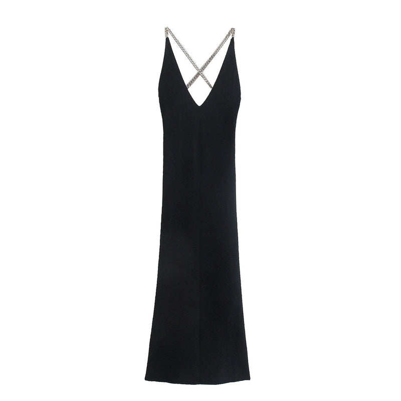 Open-Back Cross-Shoulder Chain Straps Knitted Black Bag Hips Bodycon Dress Wholesale Jersey Dresses