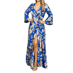 Printed Lace-Up Flare Sleeve Deep-V High Slit Sexy Ruffled Dress Vacation Wholesale Maxi Dresses SD531090