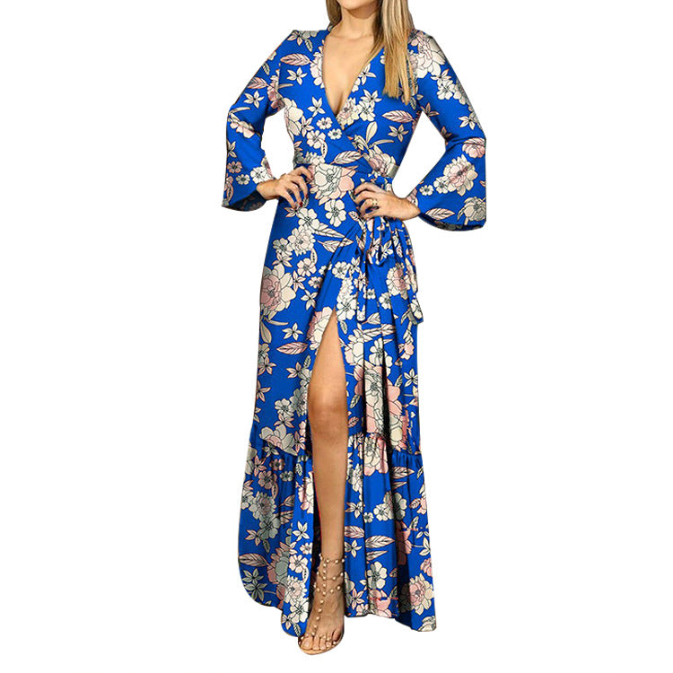 Printed Lace-Up Flare Sleeve Deep-V High Slit Sexy Ruffled Dress Vacation Wholesale Maxi Dresses SD531090