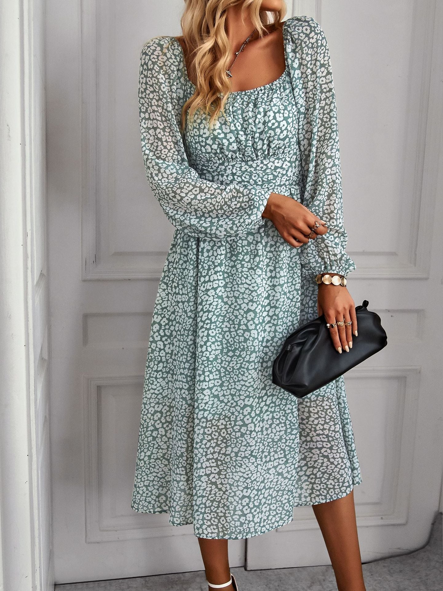 Floral Print Long Sleeve Square Neck Midi Dress Wholesale Dresses