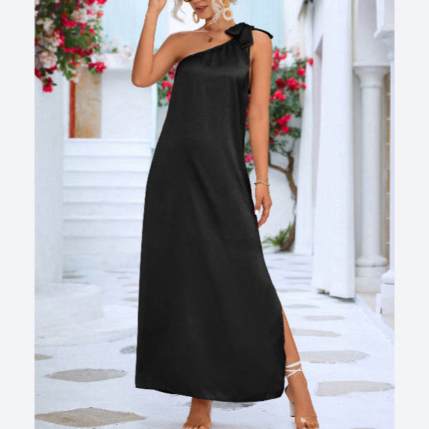 Solid Color Loose Strappy Slit Satin Dress Wholesale Maxi Dresses