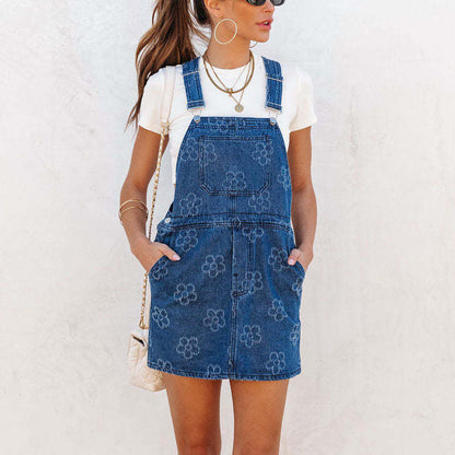 Casual High Waist Floral Print Denim Suspender Dress Wholesale Dresses