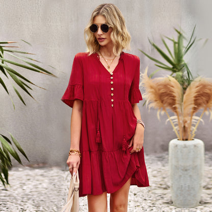 Short Sleeve Casual Solid Color Swing Ruffled Dress Wholesale Dresses