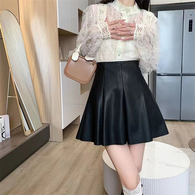 Versatile Solid Color PU Leather A-Line High Waist Pleated Skirt Wholesale Women Bottom