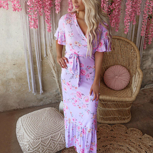 Casual Lace-Up Floral Print V Neck Ruffled Dress Wholesale Maxi Dresses