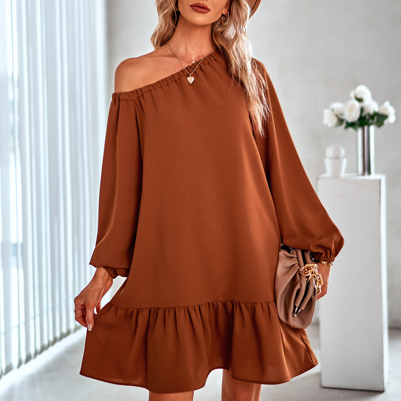 Fashion Solid Color Long Sleeve Ruffled Dress Wholesale Dresses