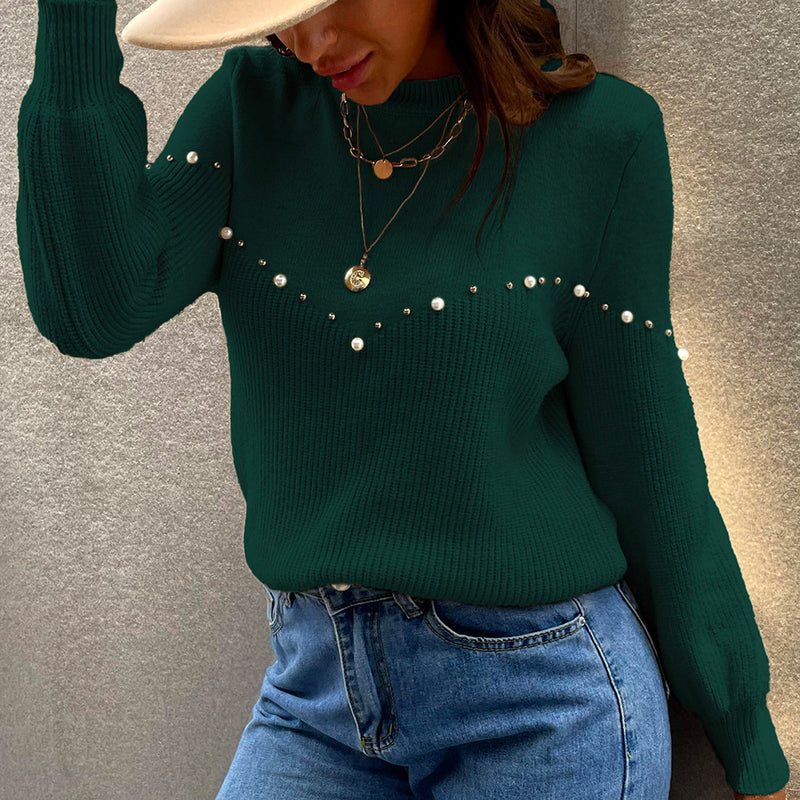 Solid Color Pearl Round Neck Pollover Knitted Sweater Ladies Sweater Wholesale