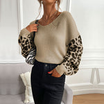 Casual Crew Neck Long Sleeve Leopard Print Knit Tops Wholesale Sweater