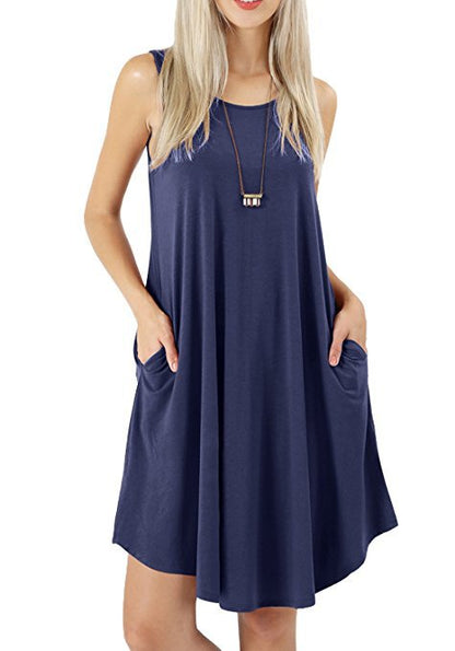 Summer Sleeveless Casual Modal  Midi Dress Wholesale Crew Neck Swing Tank Dresses With Pockets