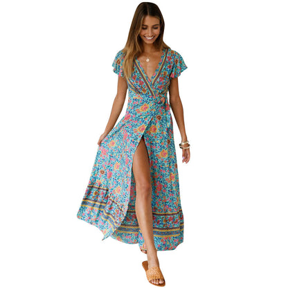 V Neck Short Sleeve Lace Up Boho Print Slit Wide Swing Maxi Dresses Casual Wholesale Bohemian Dress For Women SD531166