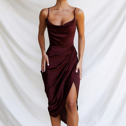 Solid Color Sleeveless Sling Wrap Wholesale Ruched Slit Dresses