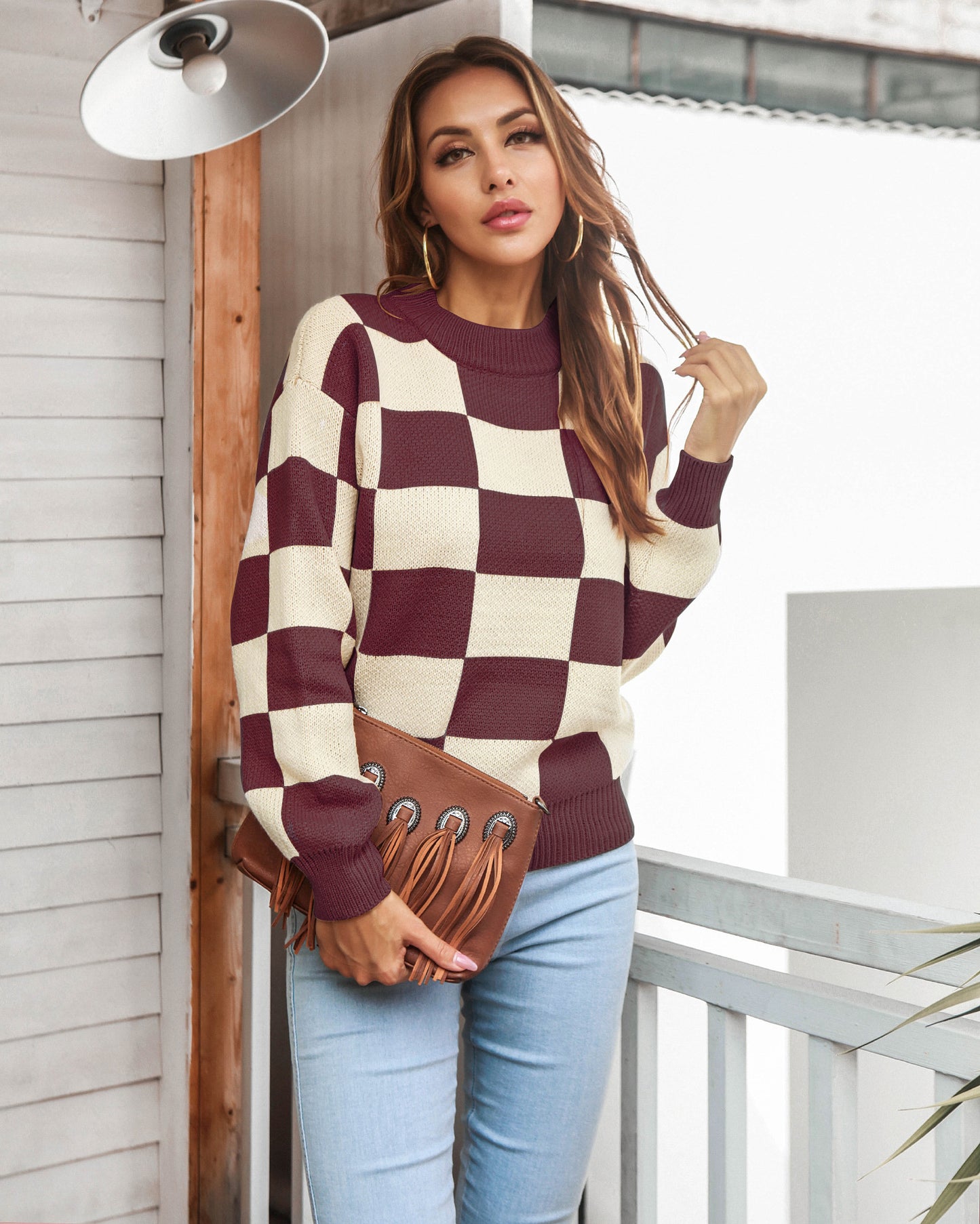 Long Sleeve Plaid Round Neck Sweater Wholesale Clothing SS070034