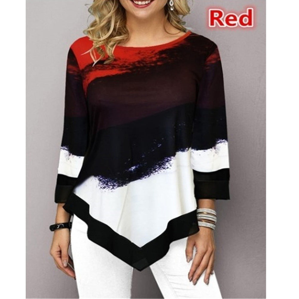 Fashion Print Tops Casual Three-Quarter Sleeve Loose Round Neck Womens T Shirts Wholesale