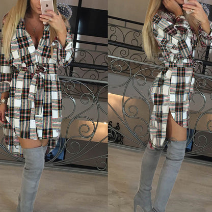 Fashion Tie-Up Waist Long Sleeve Plaid Christmas Shirtdress Wholesale Shirt Dresses