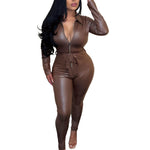 Sexy PU Leather Long-Sleeve Bodycon Women Jump Suit Wholesale Jumpsuits