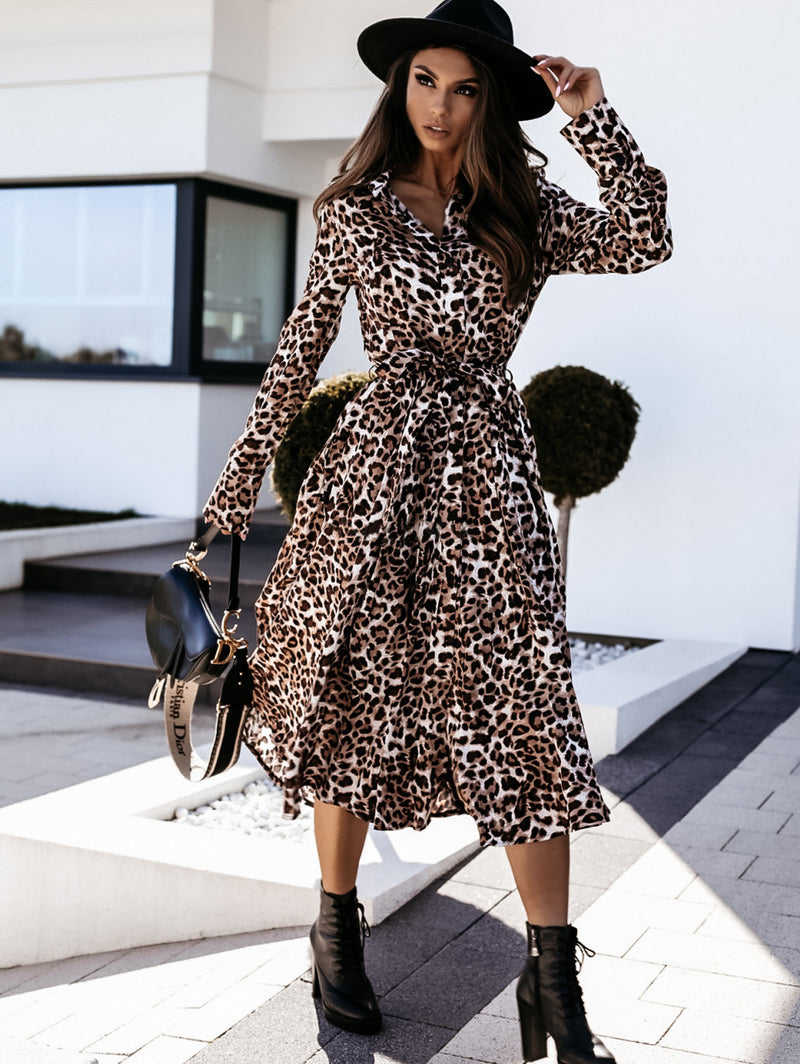 Long Sleeve Lapel Collar Dress  Fashion Leopard Print Shirt With Front Button Wholesale Women Clothing