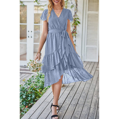 V-Neck Short Sleeves Lace-Up Jacquard Ruffled Wrap Dress Wholesale Dresses