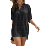 Half Sleeve Lapel Collar V Neck Jacquard Side Slit Wholesale Shirts Tunics For Women