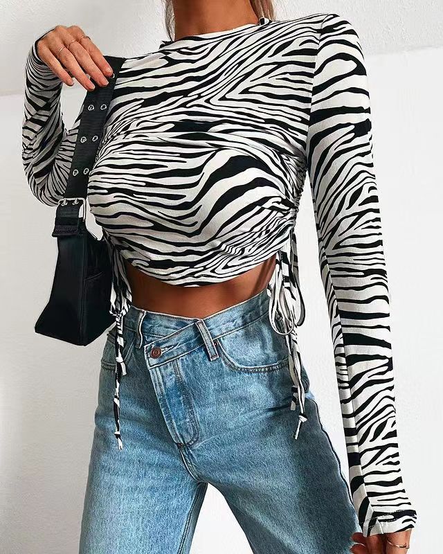 Casual Zebra Print Round Neck Frenulum Slim Crop Tops Wholesale Womens Long Sleeve T Shirts