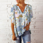 Casual Print V-Neck Short Sleeve Single-Breasted Blouses Womens T Shirts Wholesale