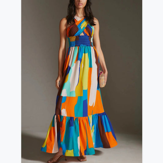 Off Shoulder Crossover Colorblock Print Resort Ruffled Dress Wholesale Maxi Dresses