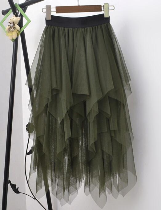 Irregular Hem Mesh Tutu Pleated Midi Skirt SS070013