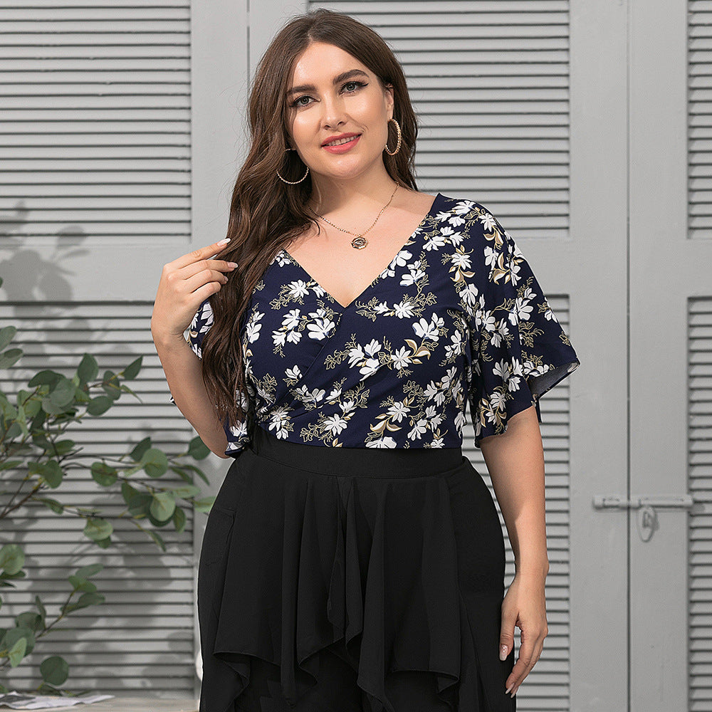 Plus Size Sexy Deep-V Loose Printed Top Women Wholesale