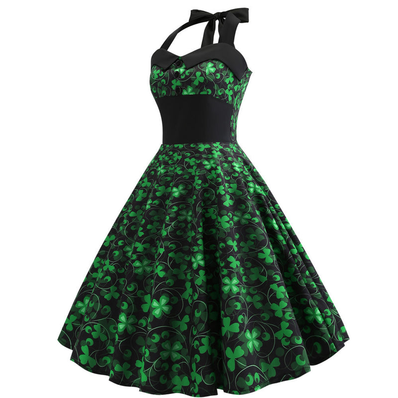 Four Leaf Clover Retro Halter Floral Midi Dress Wholesale For St. Patrick'S Day Wholesale Women's Holiday Wear
