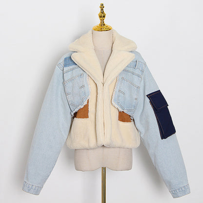 Thick Pluffy Patchwork Denim Wholesale Women Coat