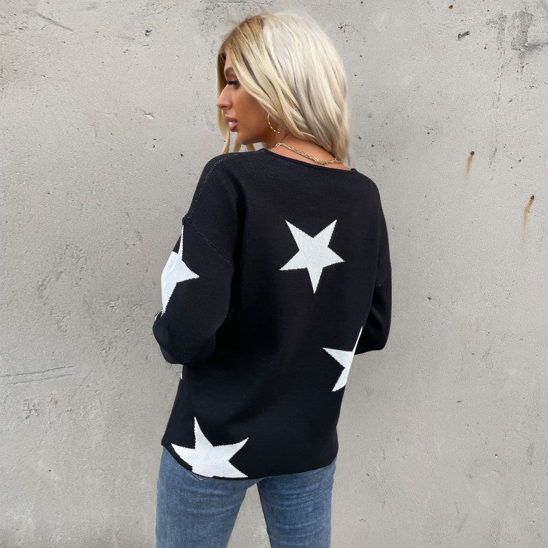 Star Pattern V Neck Knitted Sweater For Women Wholesale